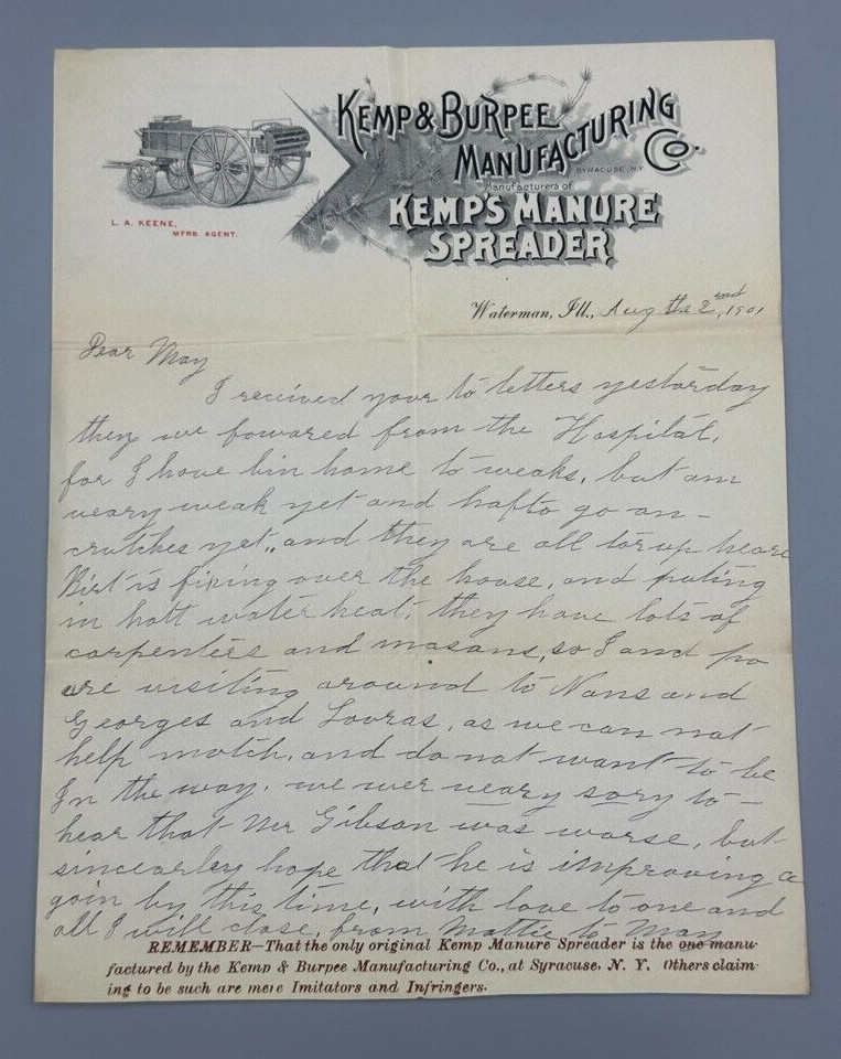 1901 KEMP & BURPEE Manure Spreader WATERMAN Illinois Letter Farm Advertising