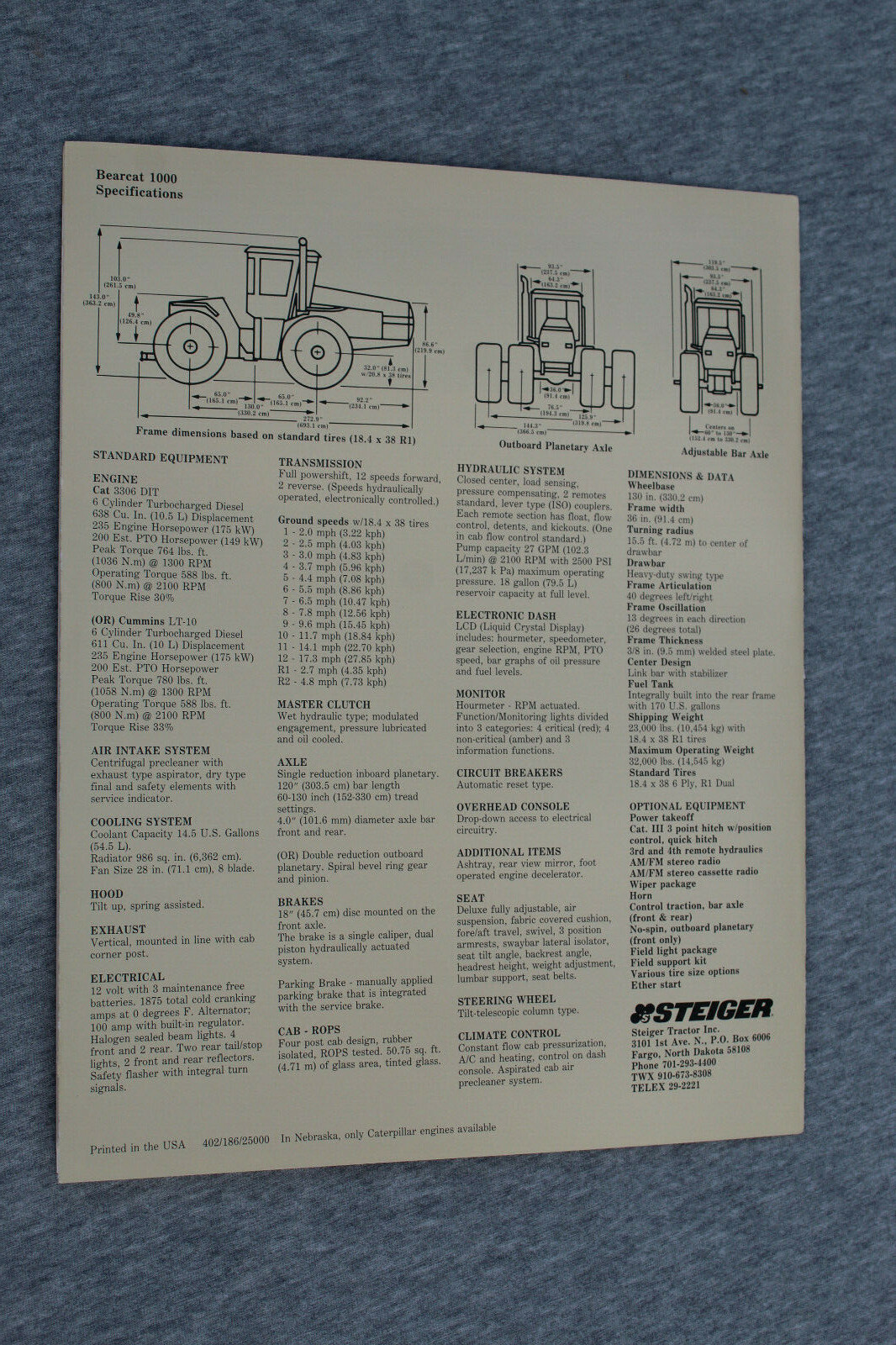 Steiger Bearcat 1000 4WD tractor original sales brochure #402/186/25000