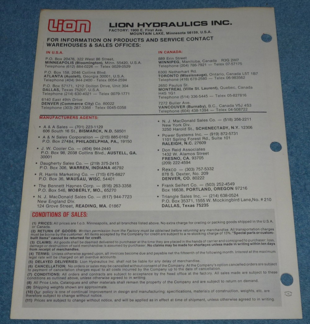 1981 Lion Hydraulics Inc #81 H Price List Brochure Tie Rod Cylinders Accessories