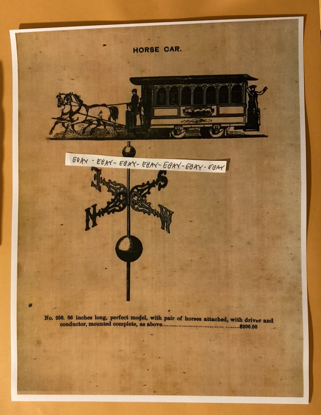 1890s HORSE CAR TROLLEY WEATHERVANE 66” LONG $200 COPPER & GOLD LEAF RARE AD NEW