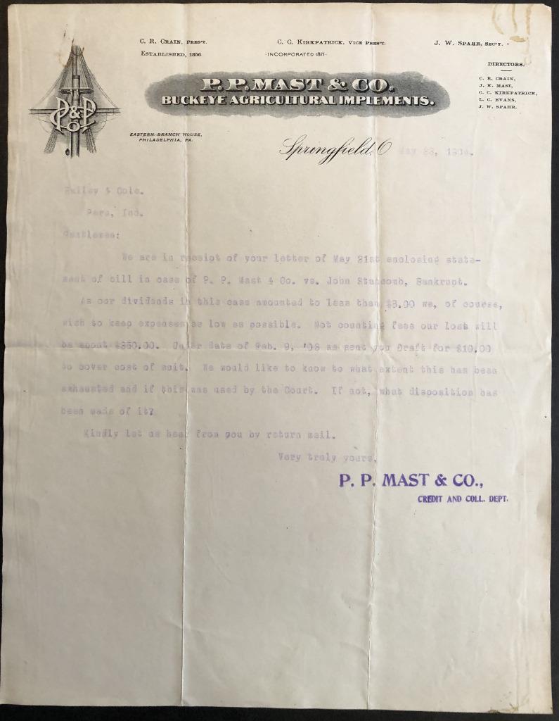 1904 Letter P. P. Mast & Co. Buckeye Agricultural Implements Springfield, Ohio