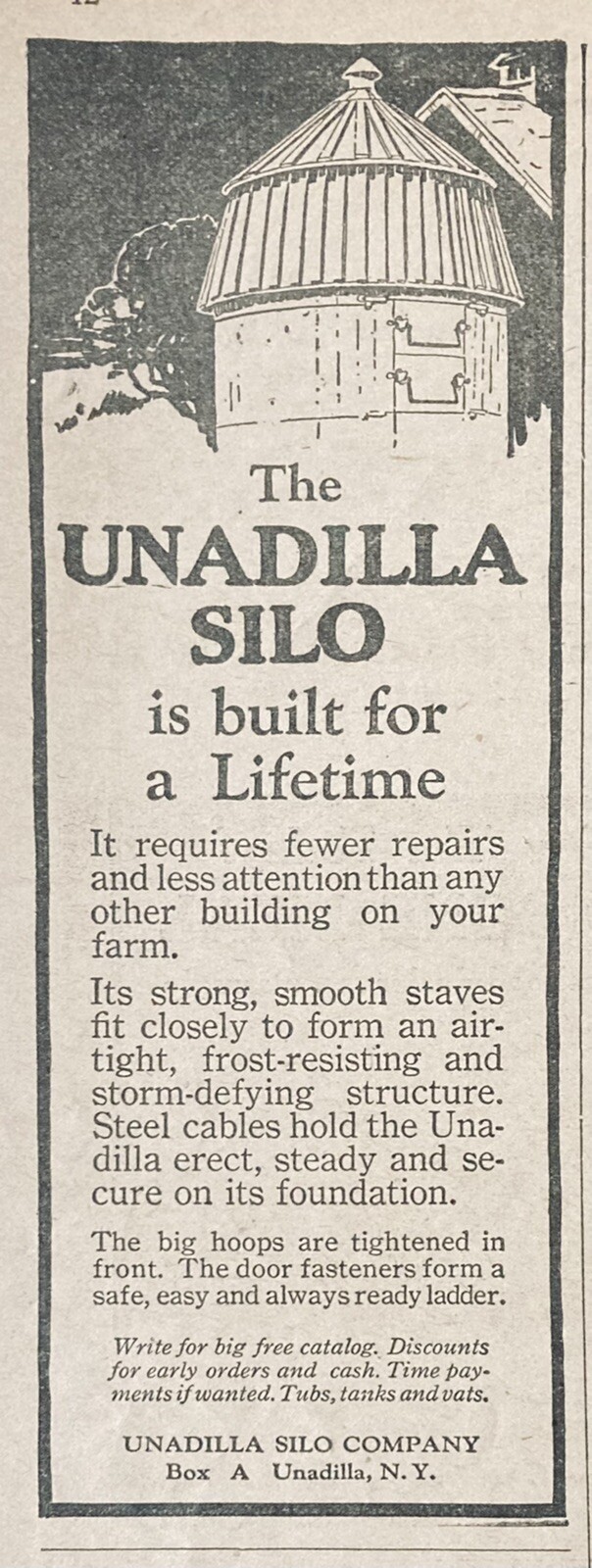 1929 AD.(XH38)~UNADILLA SILO CO. UNADILLA, NY. SILOS BUILT FOR A LIFETIME