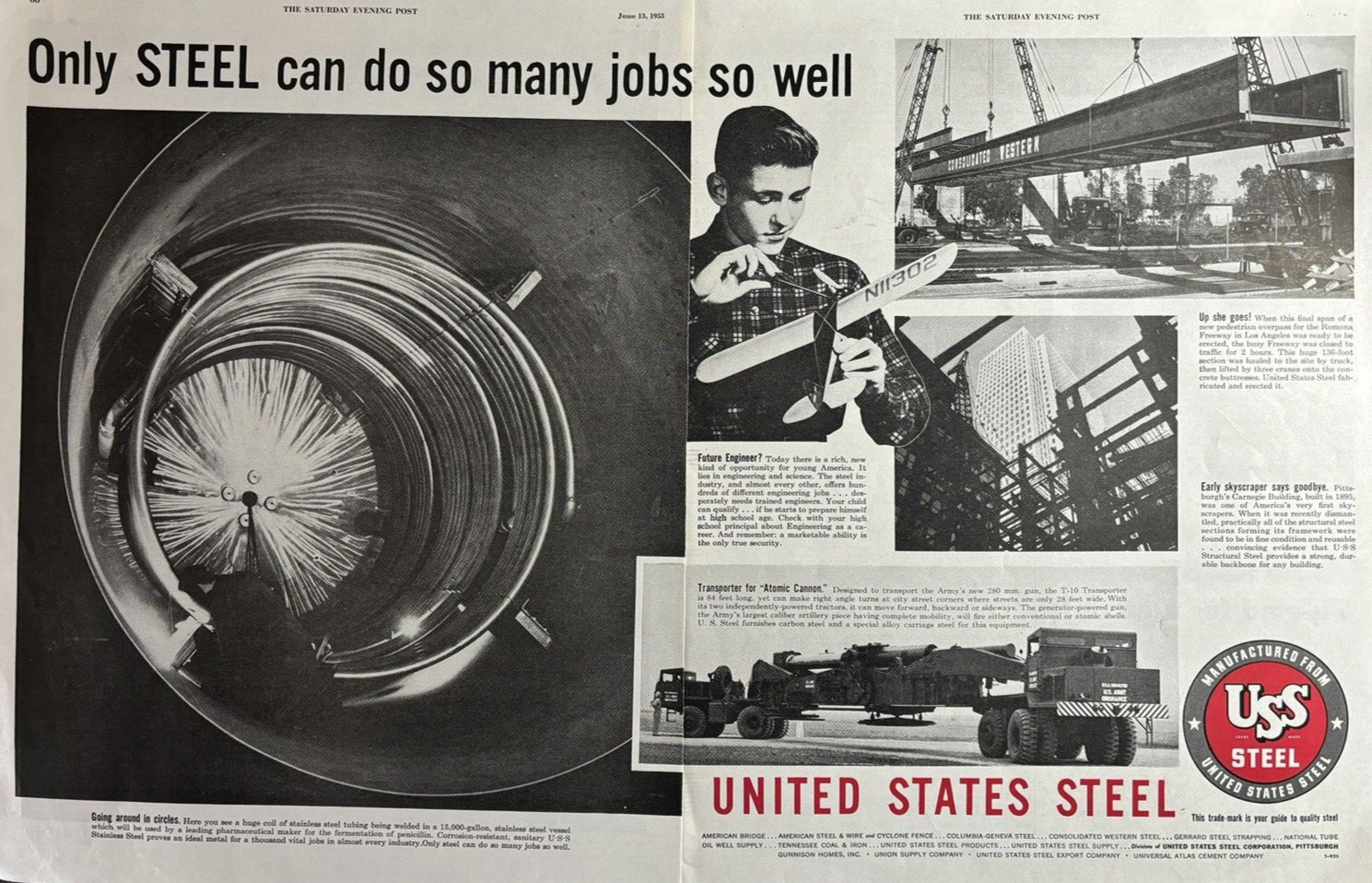 1953 United States Steel Manufactured Jobs Well Atomic Cannon Vintage Print Ad