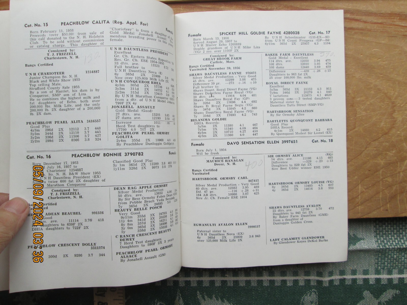 Catalog of New Hampshire consignment sale of registered holstein cattle 1958