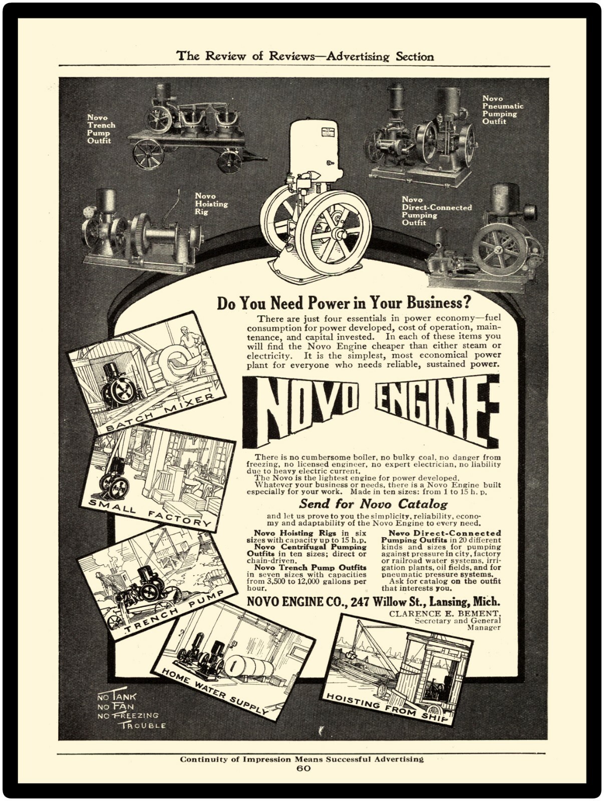 1914 New Metal Sign: Novo Engines, Lansing, Michigan. Pumps, Hoisting Rigs ++