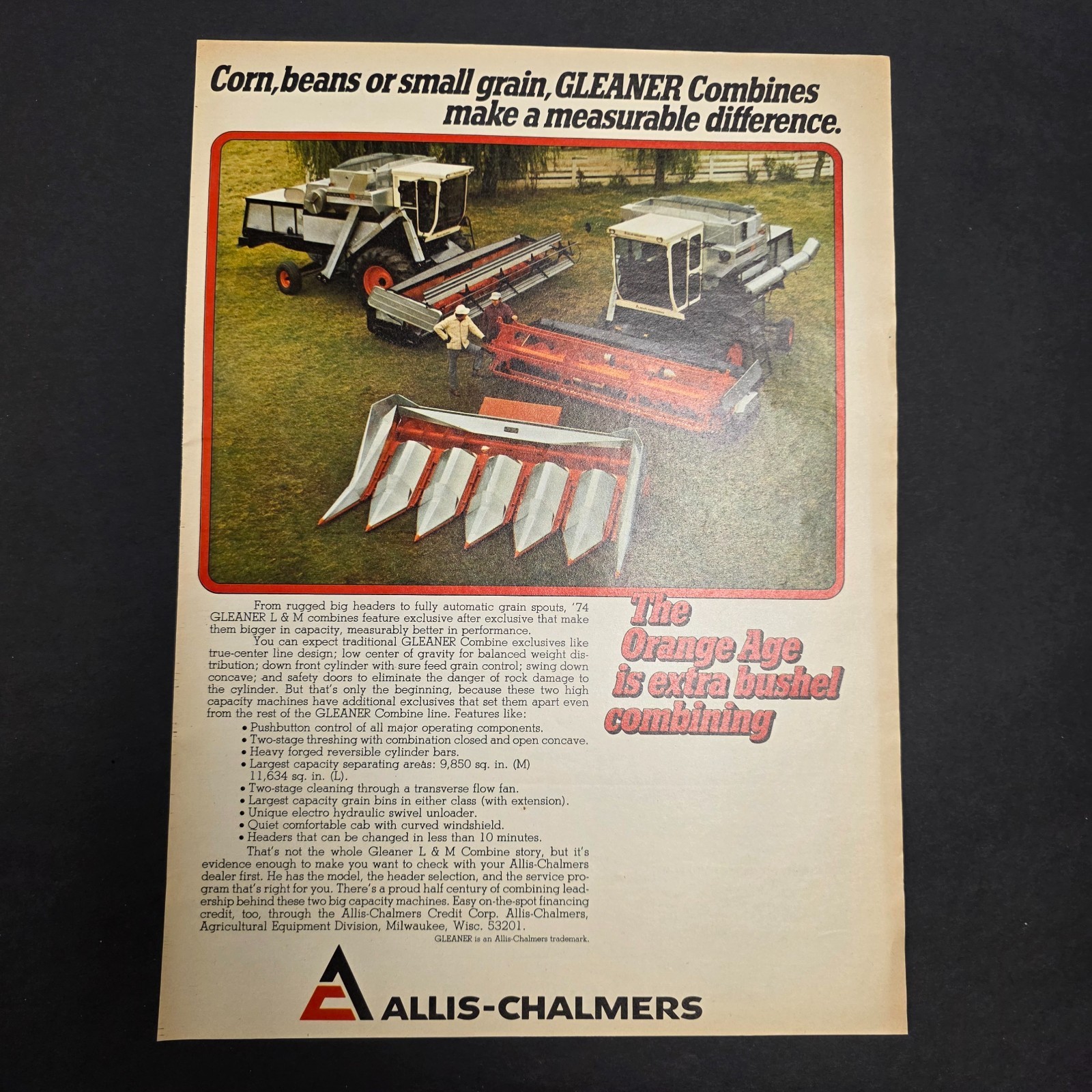 Vintage Allis-Chalmers GLEANER Combine Ad 1970s Farm Equipment Corn Grain
