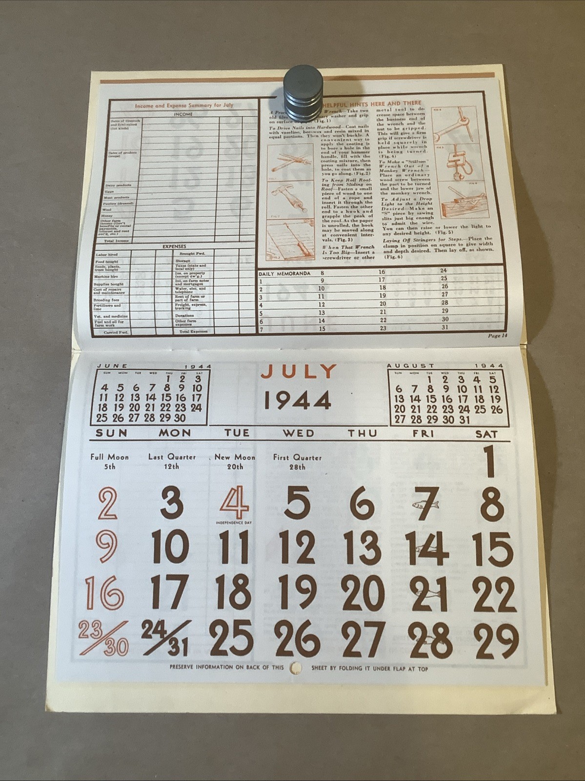1944 Muntz-McLaughlin Co. Farm Inventory Calendar Holgate OH INV-P0547