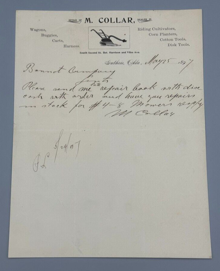 1897 COLLAR PLOW Buggies WAGONS Farm Advertising Letterhead Antique GUTHRIE OK