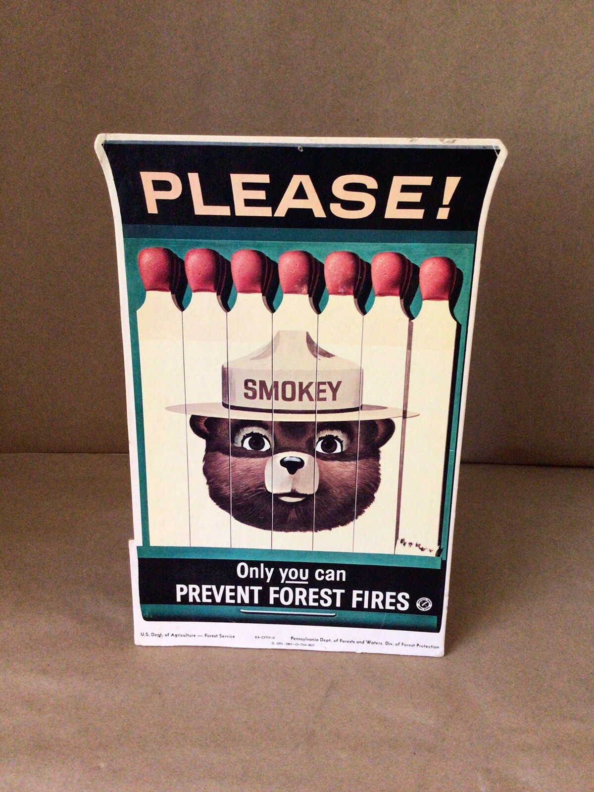 SMOKEY THE BEAR ORIGINAL 1963 MATCHBOOK STAND UP CARDBOARD COUNTER DISPLAY SIGN