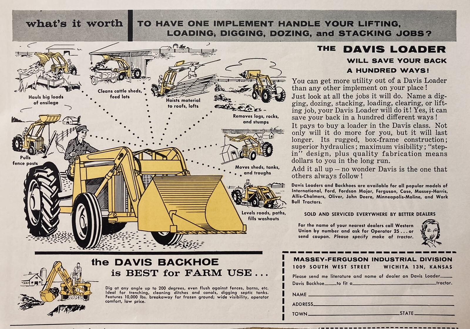 1958 AD(XH48)~MASSEY-FERGUSON DIV., WICHITA, KS. DAVIS LOADER AND BACKHOE