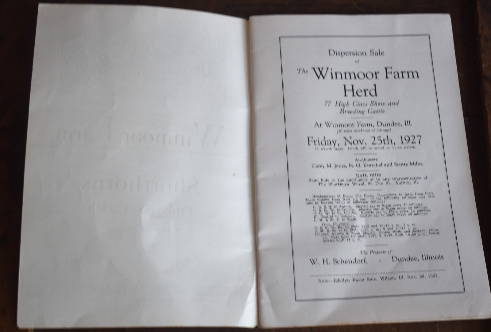Vintage 1927 Shorthorn Cattle Auction Catalog Advertising Winmoor Farm Dundee IL