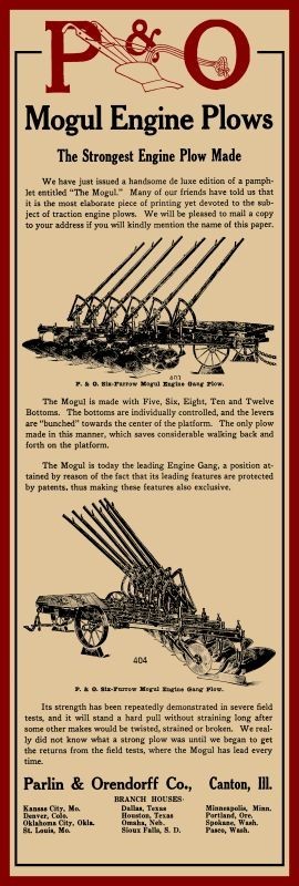 1912 Parlin & Orendorff Mogul Engine Plow Canton, Illinois New Metal Sign: 6×18&Prime;