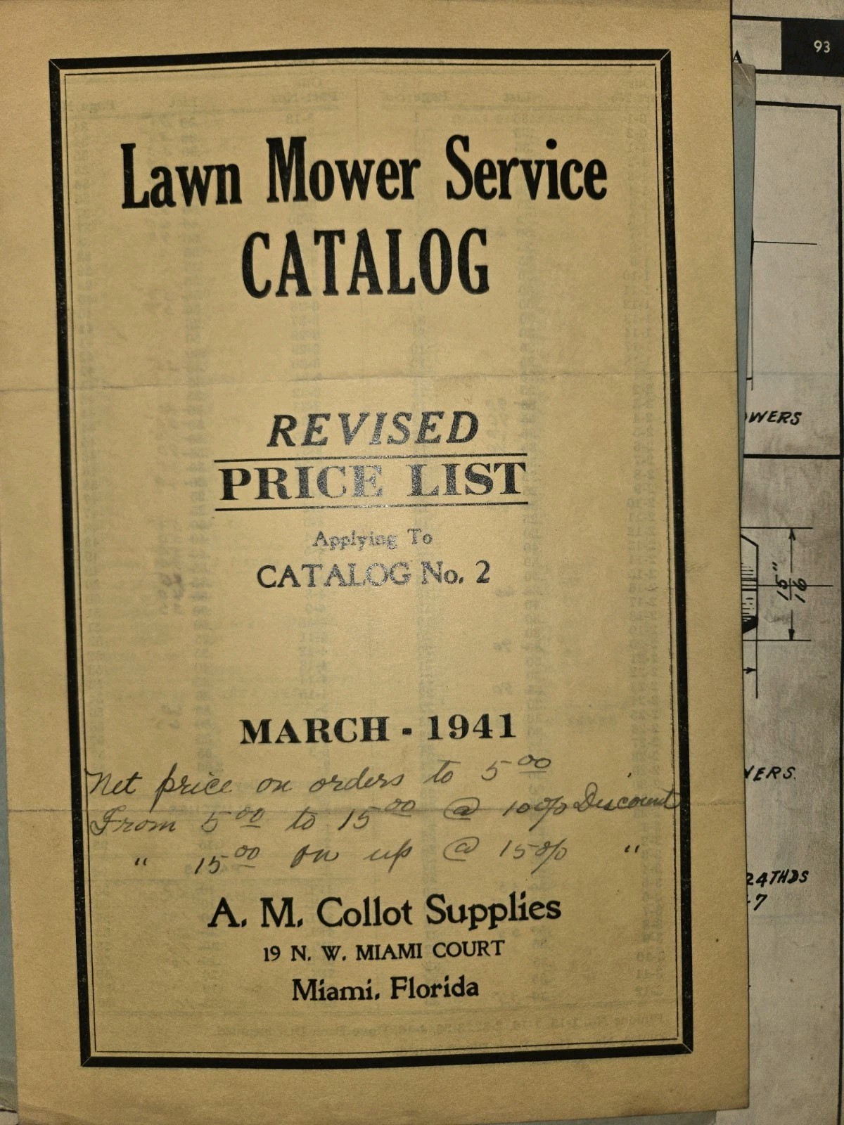 RARE AND OLD A.M COLLOT LAWN MOWER SERVICE AND PARTS CATALOG NO. 2 MIAMI FLORIDA