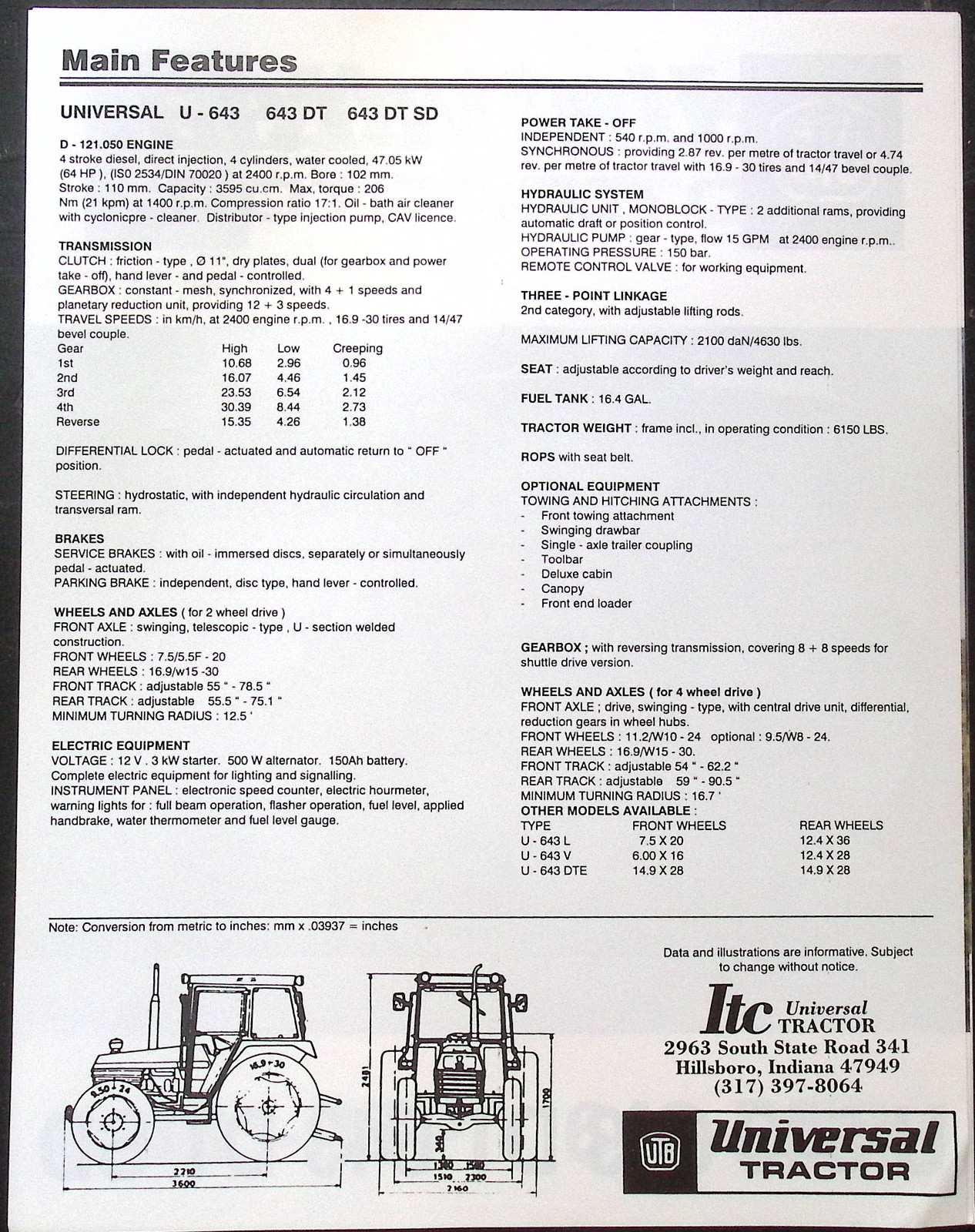 Universal Tractor U-643, 643 DT, 643 DT SD spec sheet brochure