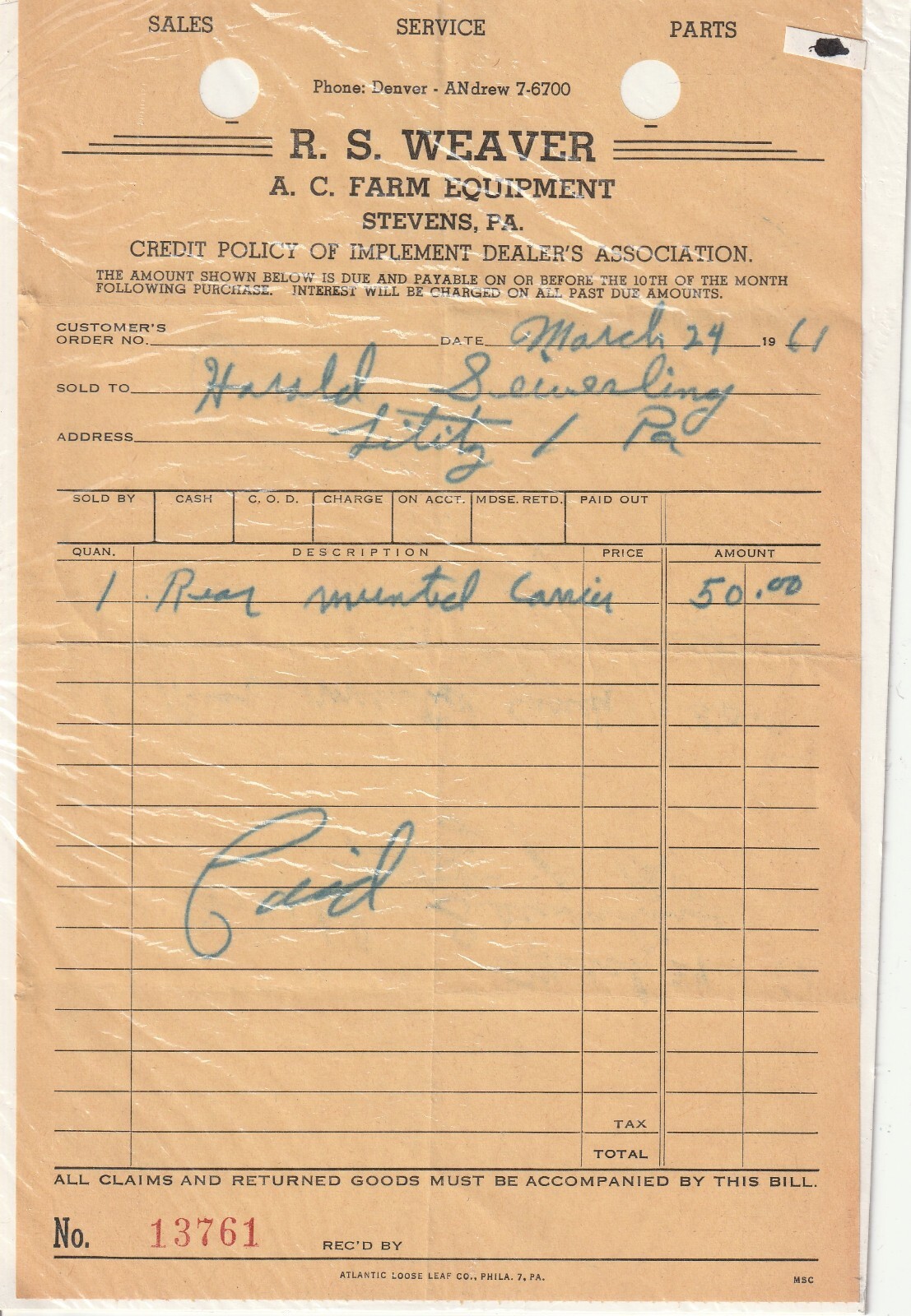 Vintage 1961 R.S. Weaver A.C. Farm Equipment Receipt Stevens, PA