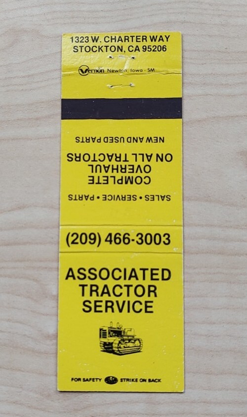 Associated Tractor Service Matchbook Cover Stockton CA California Image New Used