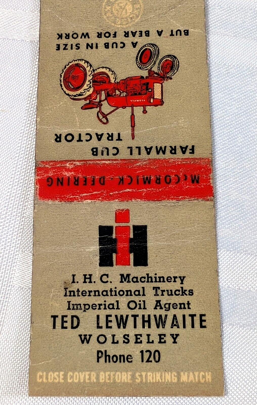 FARMALL CUB TRACTOR ADVERTISING MATCHBOOK TED LEWTHWAITE WOLSELEY FARM FARMS