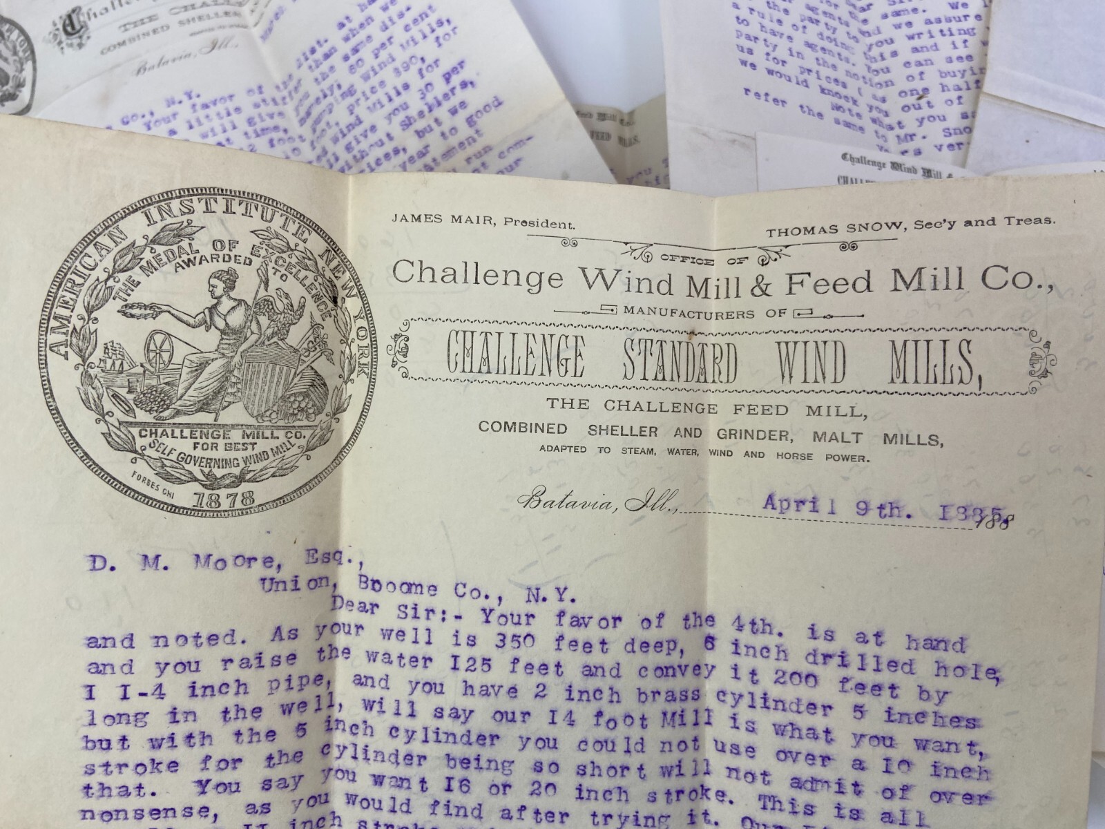 HUGE ARCHIVE Advertising Ephemera Letters – Challenge Wind Mill 1883- Batavia IL