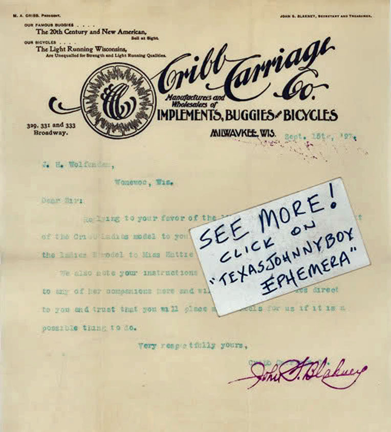 1897 Letterhead MILWAUKEE WISCONSIN M. A. Cribb CARRIAGE COMPANY John Blakney