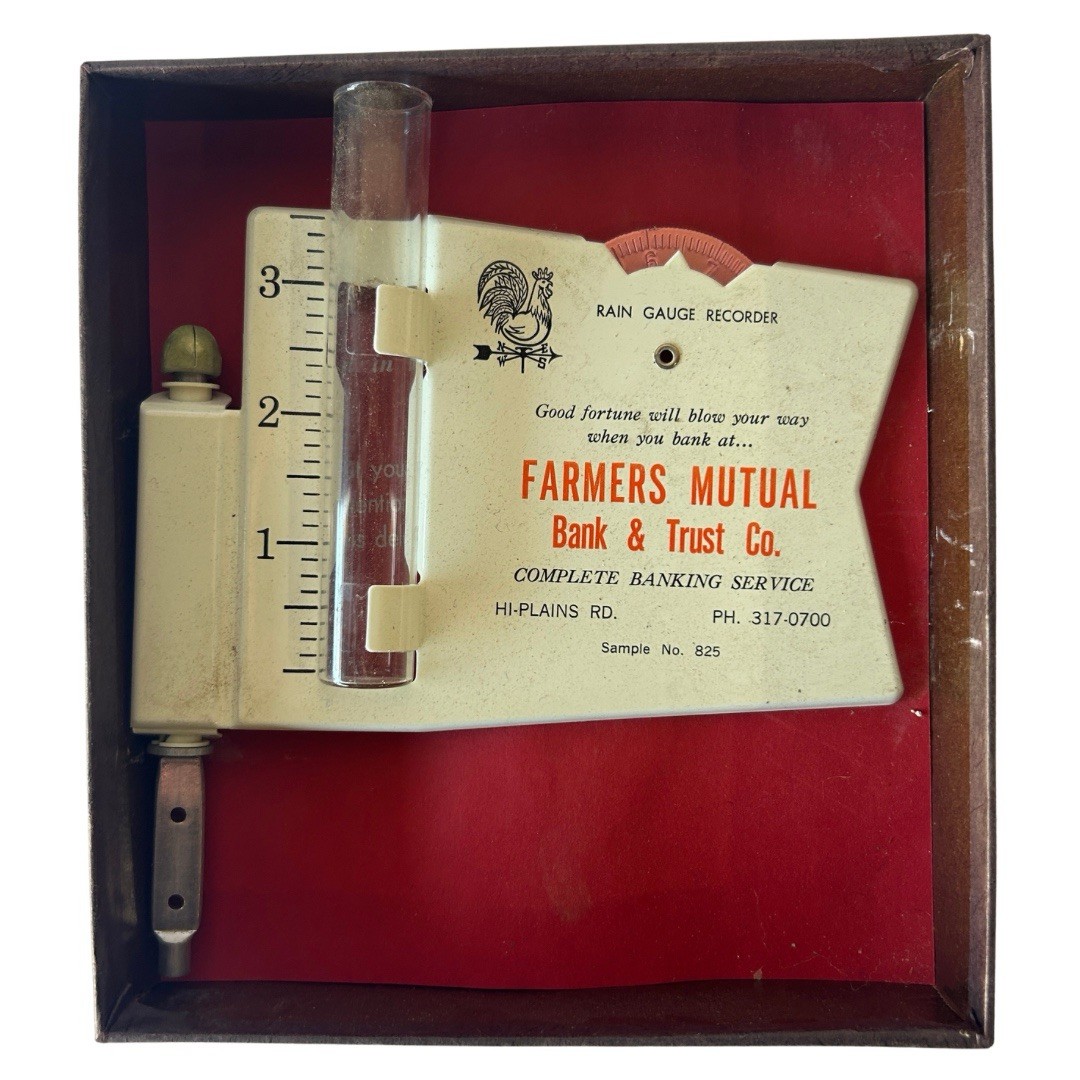 Vintage Morco Windy 825 Rain Gauge Recorder Farmers Mutual Bank Trust w Box