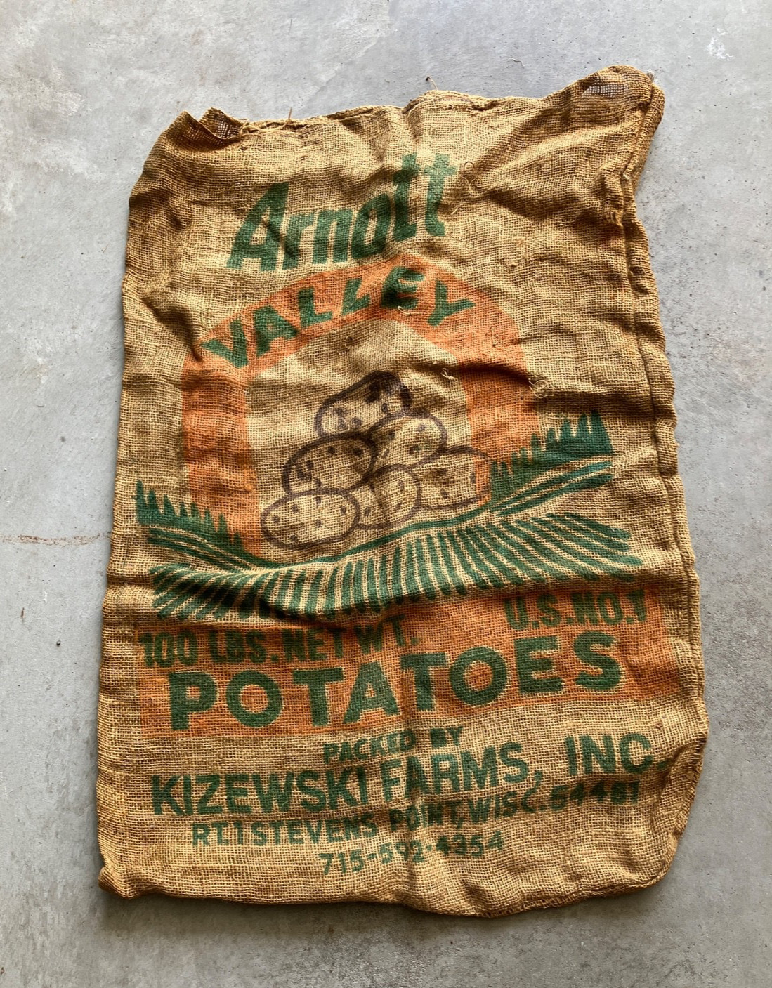 Vintage-Arnott Valley-Kizewski Farms , Stevens Point, Wisc-Potato Sack – Burlap