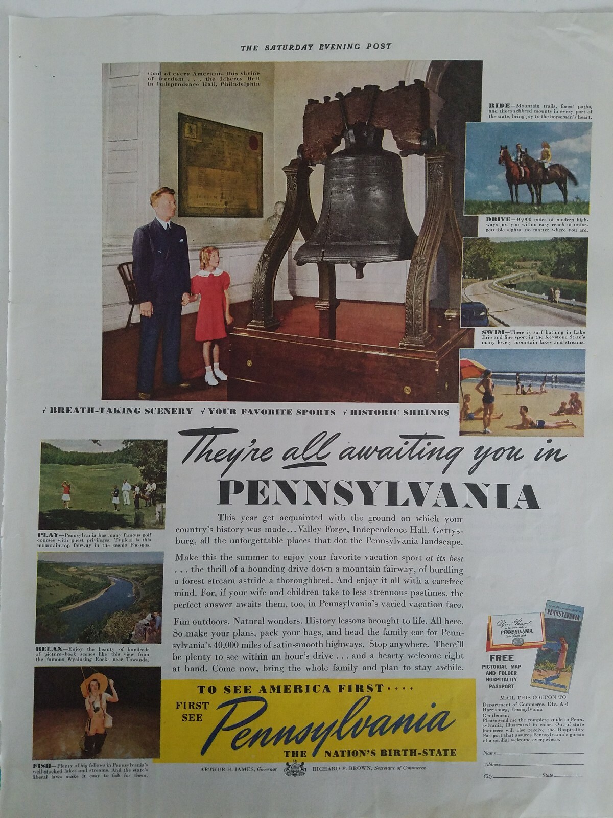 1940 state of Pennsylvania Liberty Bell Philadelphia Independence Hall ad