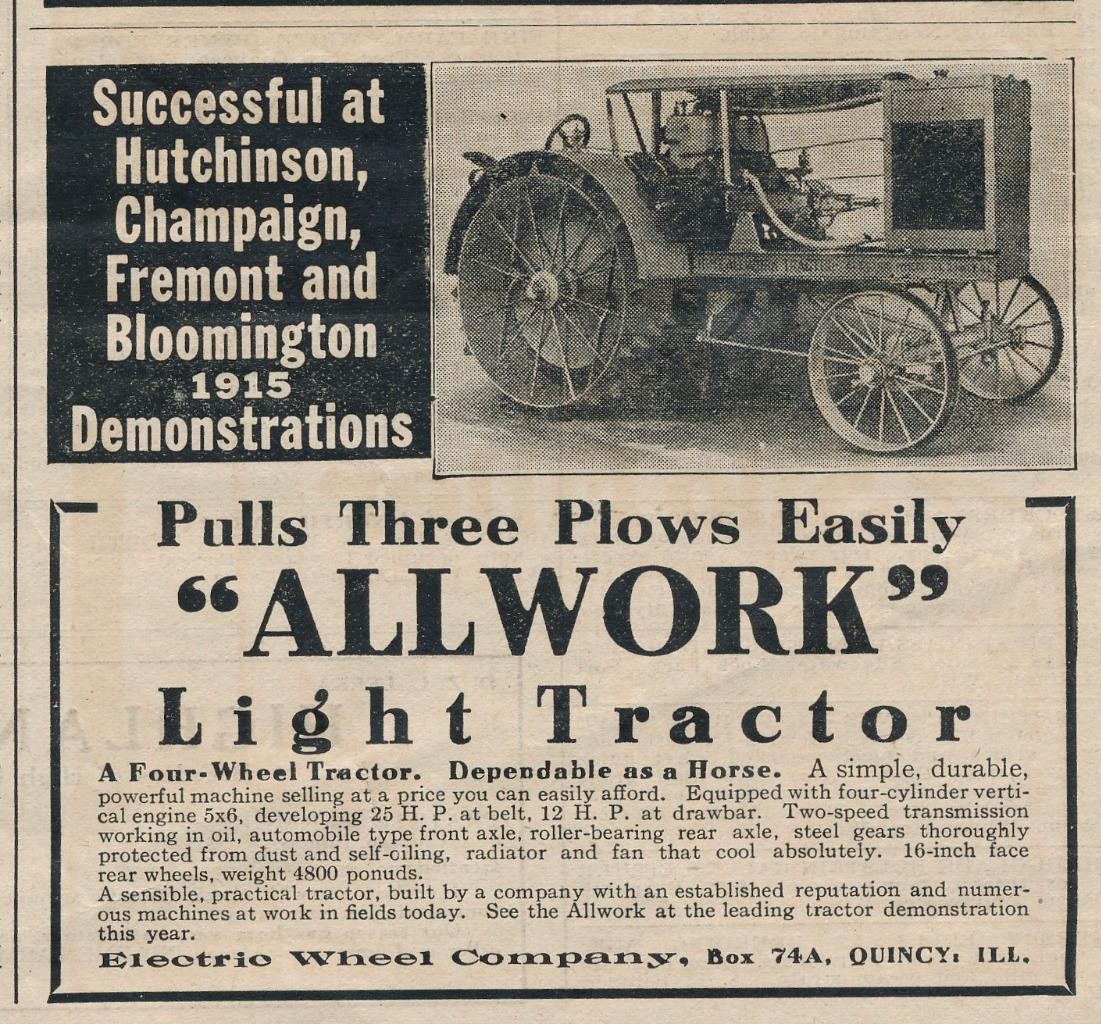 Magazine Ad – 1916 – Electric Wheel Co., Quincy, IL – « ALLWORK » Tractor