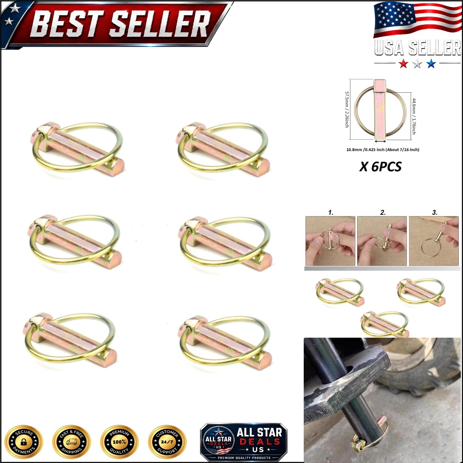 Versatile 6 PCS Linch Pin Set – 7/16 x 1-3/4 Inch for ATVs, Mowers, and More