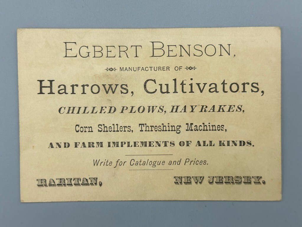 1880s Victorian Baby FARM Advertising Trade Card RARITAN NJ Plow EGBERT BENSON