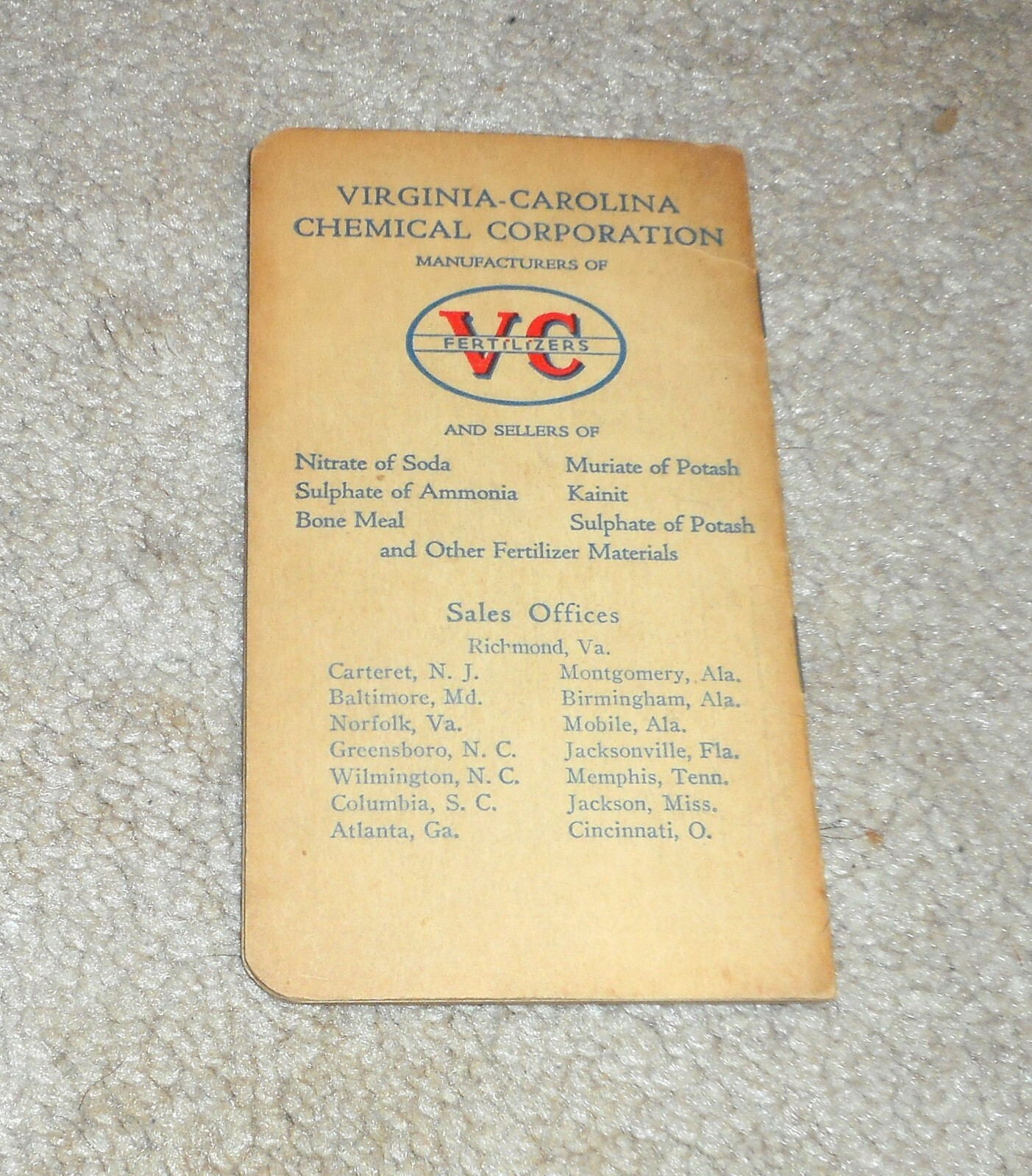 1935 Vc Fertilizers Virginia Carolina Chemical Corp Notepad Advertising Brochure