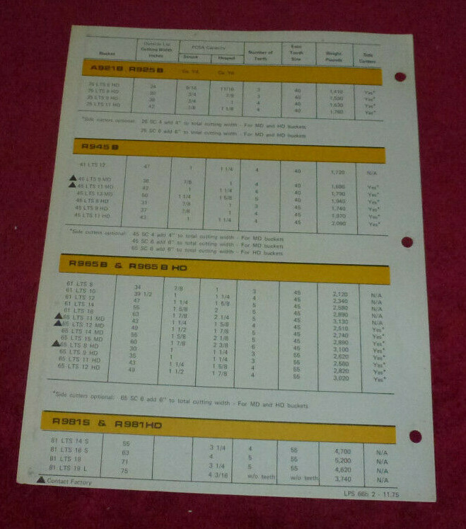 Vintage Liebherr Technical Information Bucket Specifications 1975