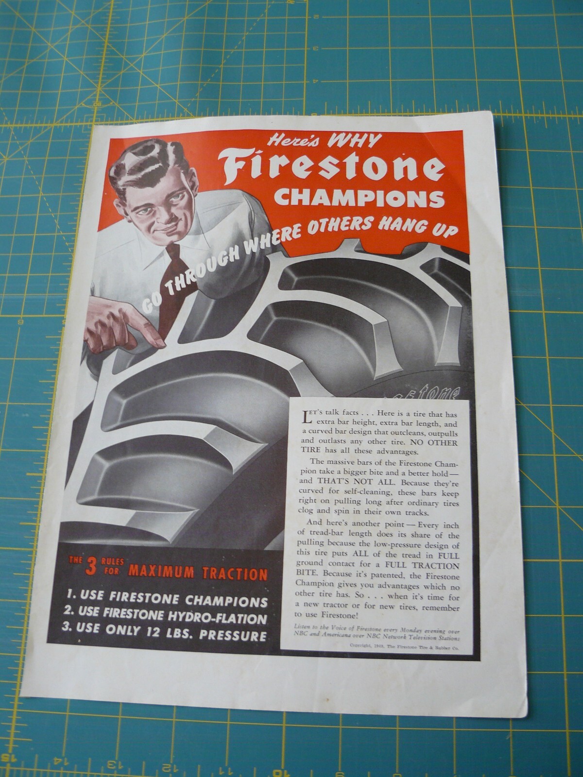THE FARM QRTLY- Aug 1949 -ad- FIRESTONE CHAMPIONS TRACTOR TIRES-Maximum traction