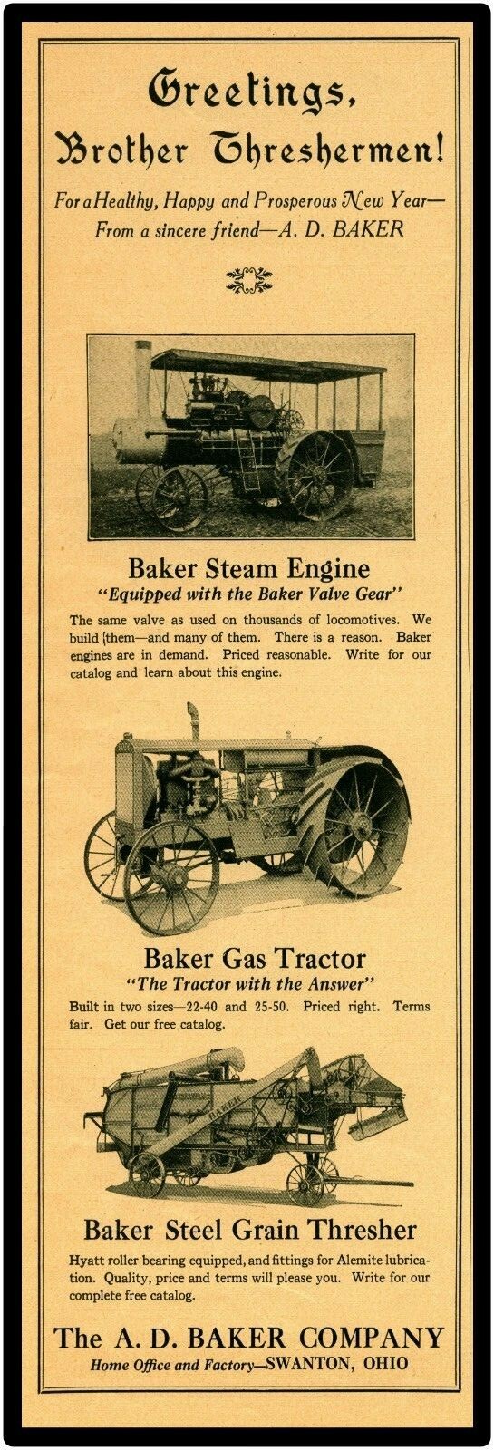 A.D. Baker Steam Engines, Tracotors New Metal Sign 6&Prime; x 18&Prime; Long – Swanton, Ohio