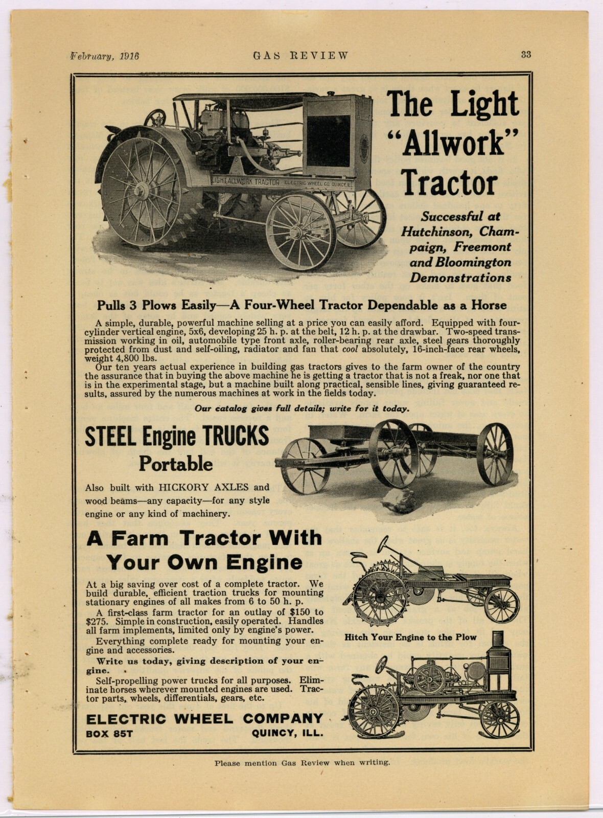 1916 Electric Wheel Co. Ad: Steel Engine Trucks, Tractor Frames, Allwork Tractor