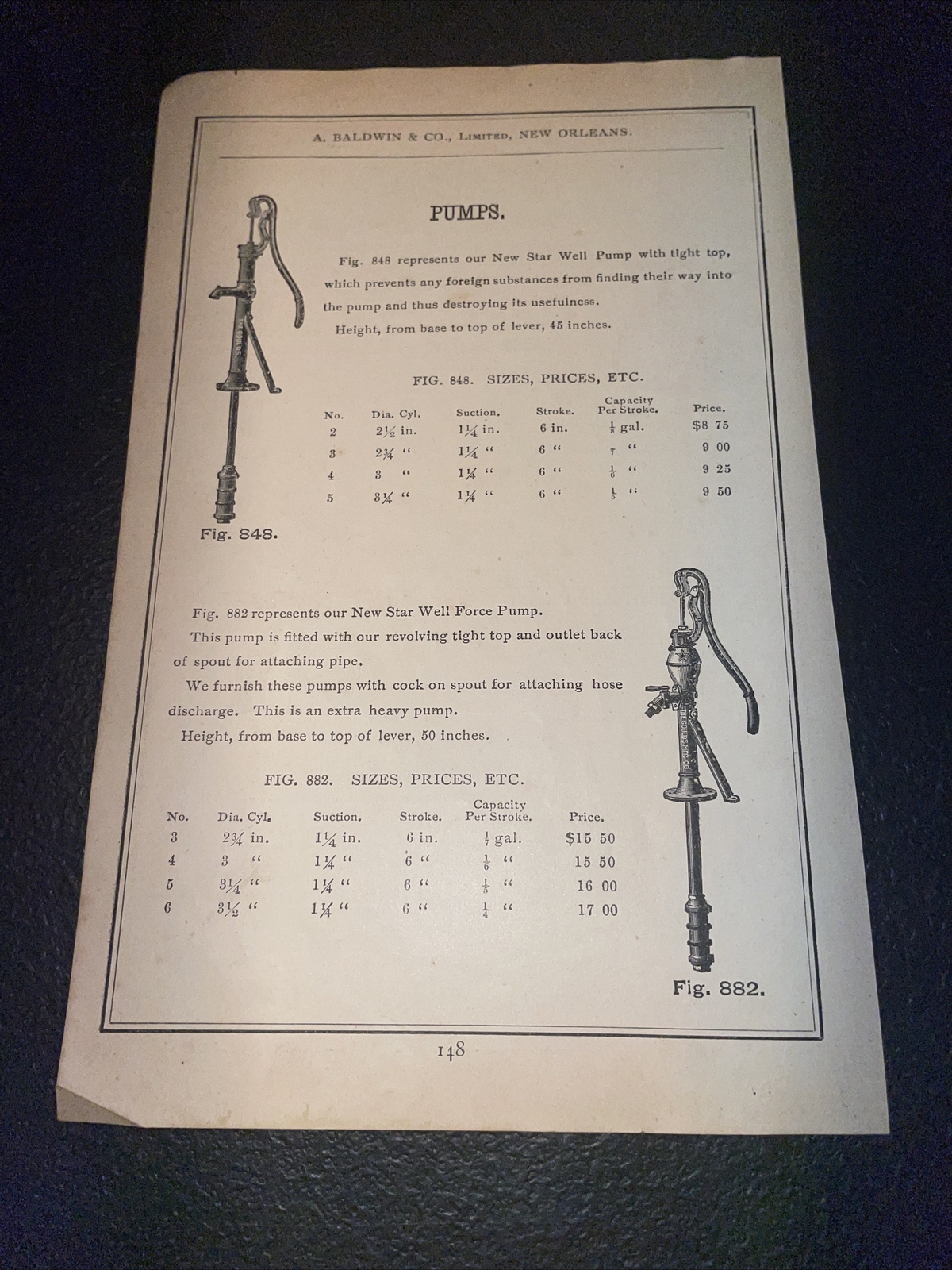 1891 Baldwin – Star Water Well Force Pump – Farm Advertising – New Orleans