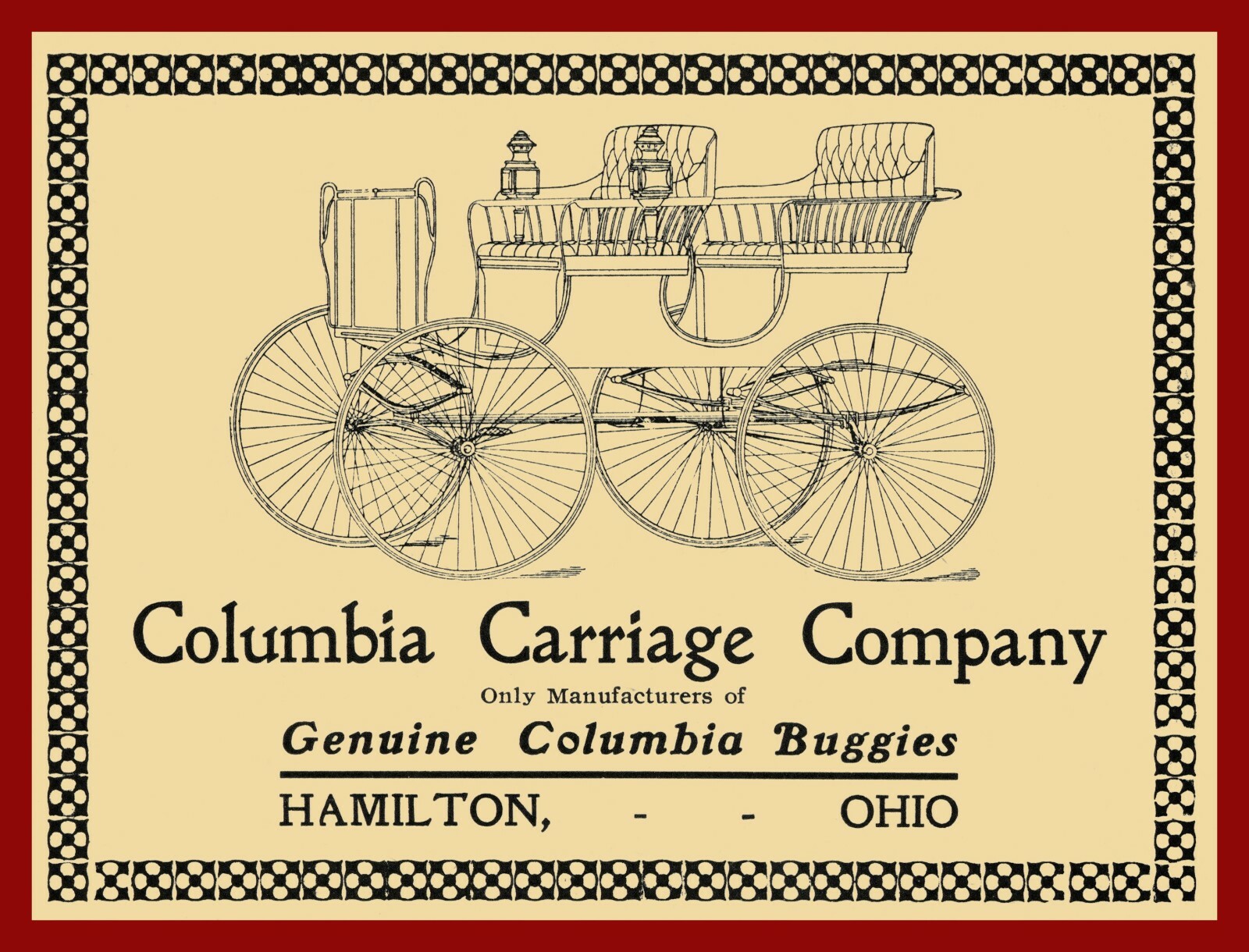 1905 Columbia Carriage Co. NEW Metal Sign: Columbia Buggies – Hamilton, OhiO