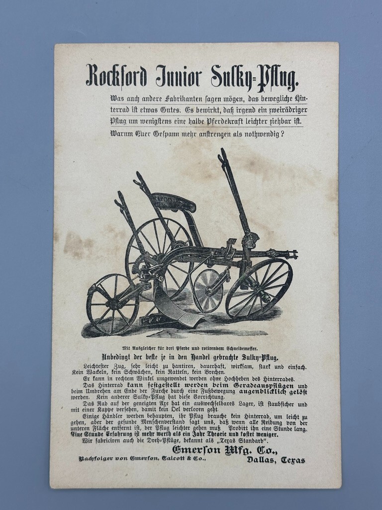 1880s Rockford Sulky Plow EMERSON TALCOTT Farm Advertise DALLAS Texas TRADE CARD