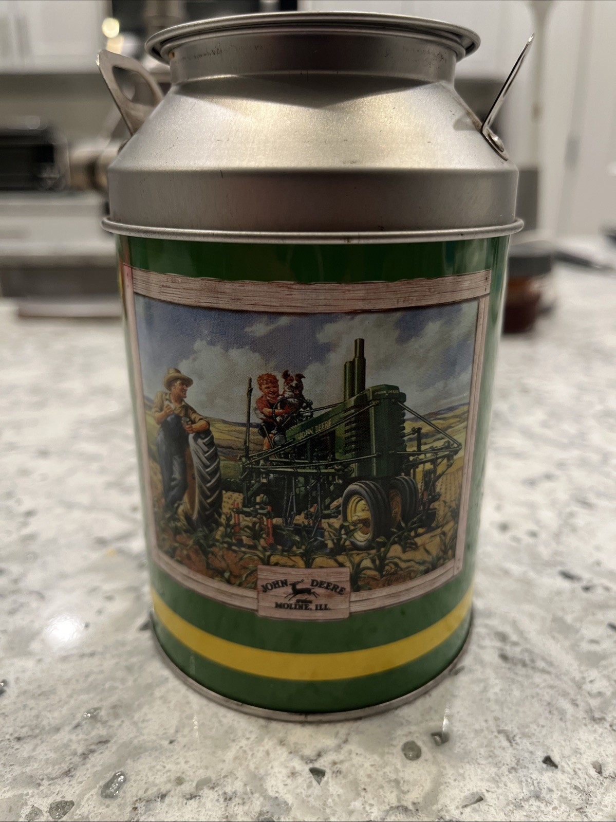 John Deere Mini Tin, Milk Can Tin, Collector Farm Tractor Fishing Scene Decor