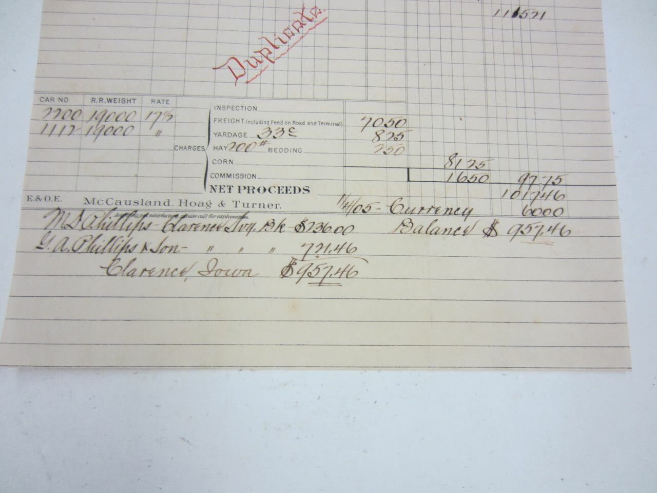 1905 McCAUSLAND HOAG & TURNER Livestock Commission Billhead Iowa Cattle