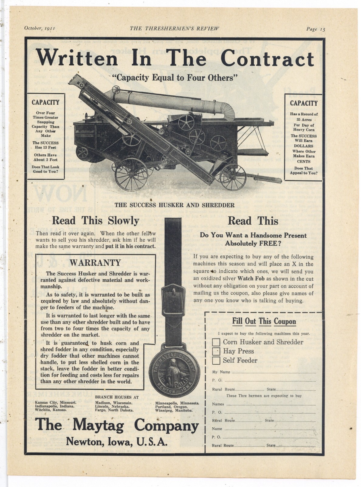 1911 Maytag Co. Ad: SUCCESS Husker & Shredder Pictured – Newton, Iowa