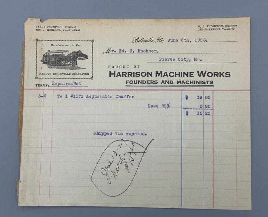 1928 BELLEVILLE THRESHER Harrison Machine Works Billhead FARM Advertising ILL