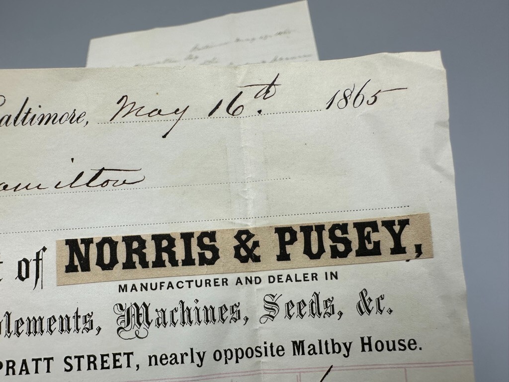 1865 Norris FARM Machinery Seeds Advertising Billhead BALTIMORE Postal Cover