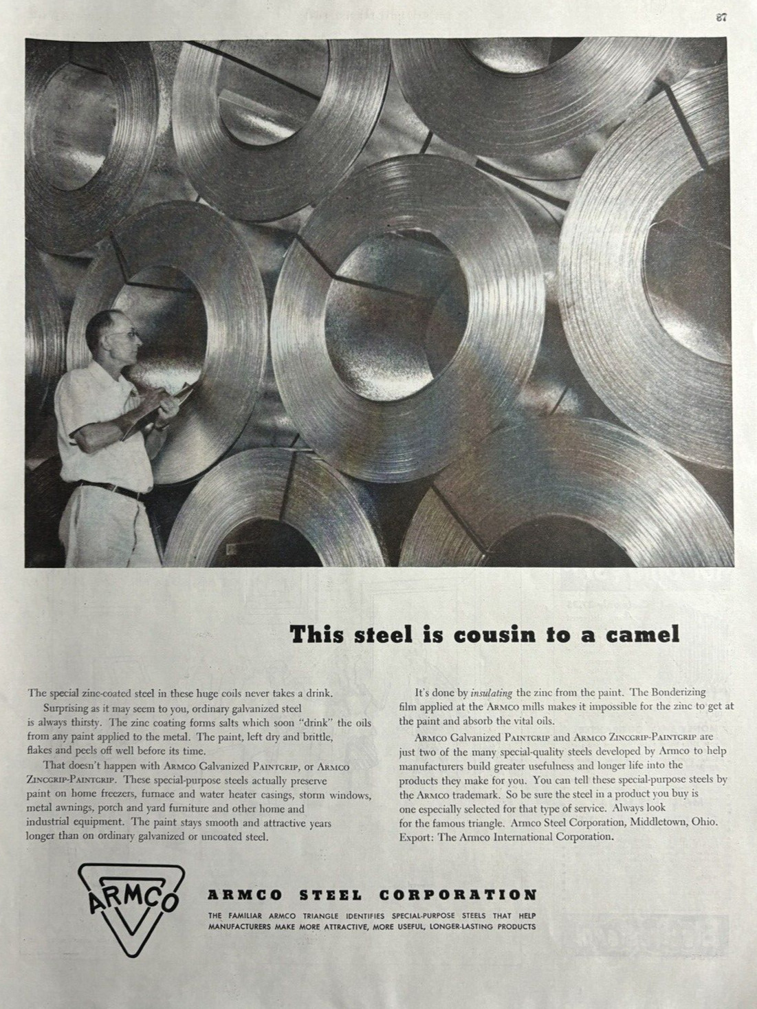 1948 Armco Steel Corporation Cousin Camel Coils Galvanized Vintage Print Ad
