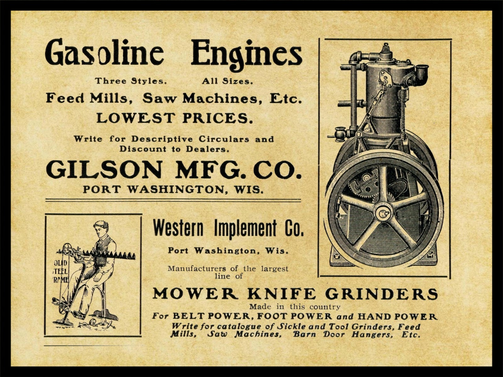 1905 Gilson Gas Engines NEW Metal Sign: Western Implement Co. Port Washington WI