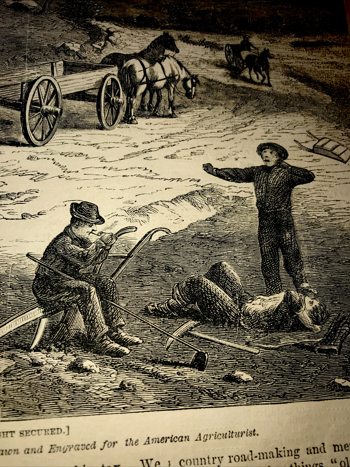 1873 ROAD MENDING Farm Engraving Advertising 8×11