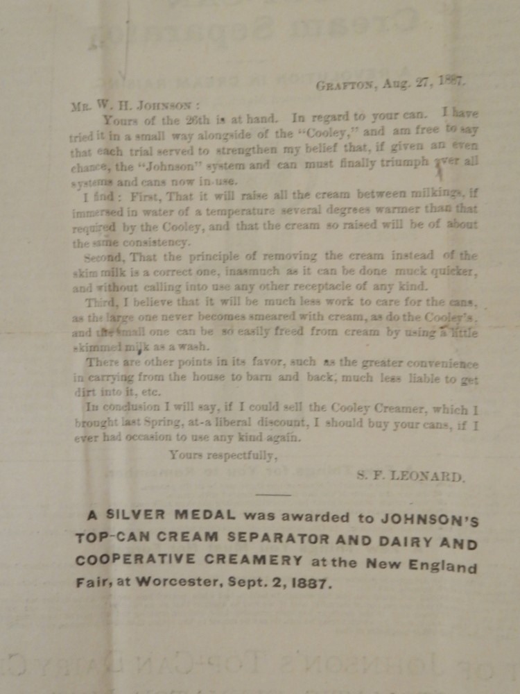 1887 JOHNSON&rsquo;s Top-Can DAIRY CREAMERY Cream Separator broadside WESTBORO MA milk