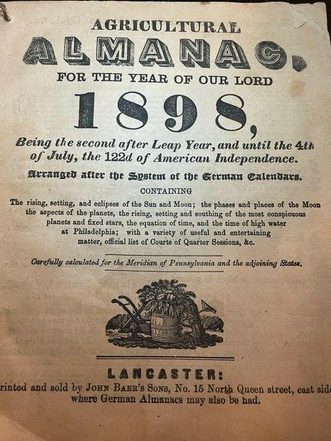 1898 Agricultural Almanac Lancaster PA John Baers Sons 73rd volume antique