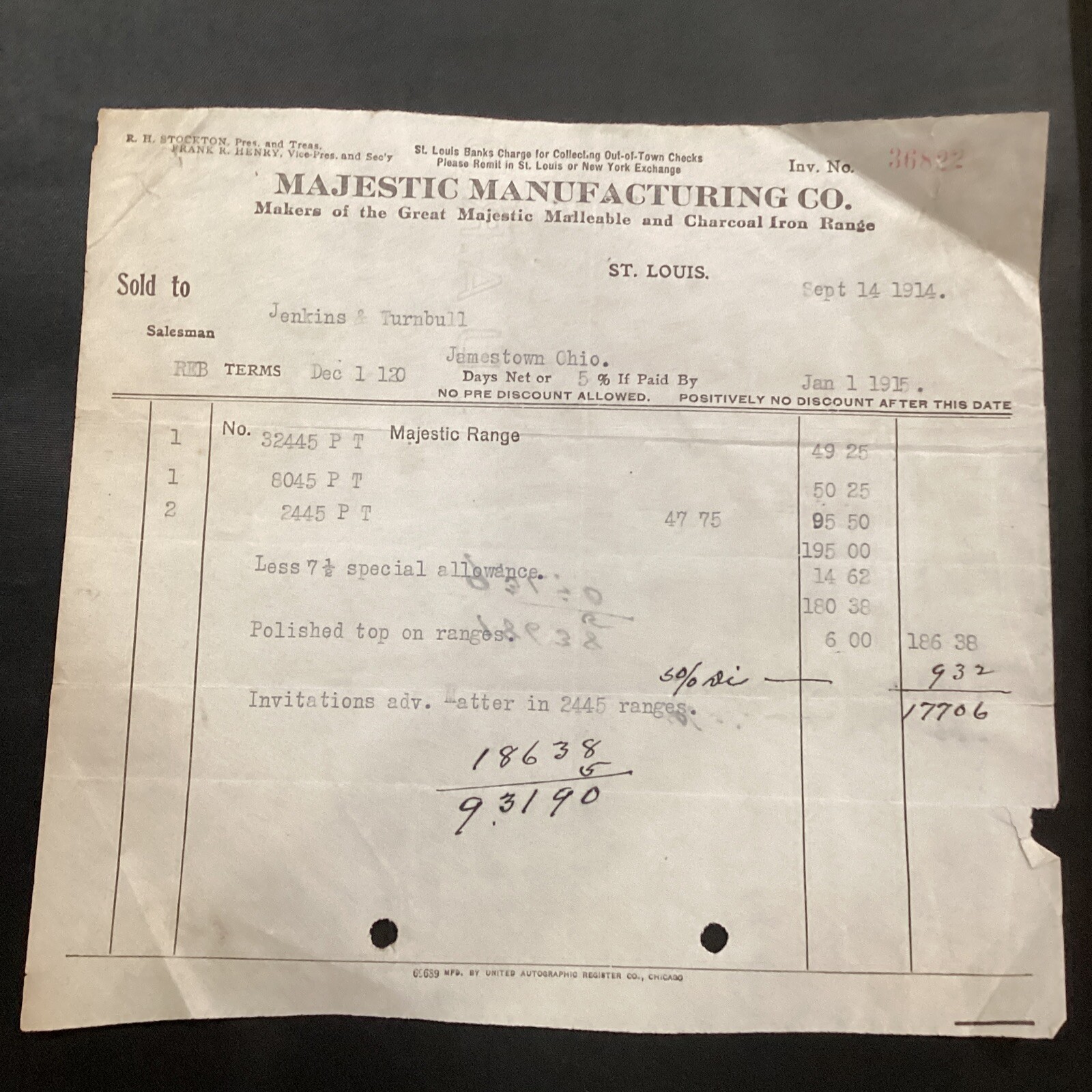 1914 Majestic Manufacturing Co Charcoal Iron Range St Louis & Jamestown Invoice