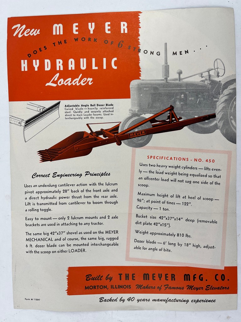 3 Meyer Mfg Co Hydraulic Loaders Farm Tractors Ad Sheets & Letter Morton 1954