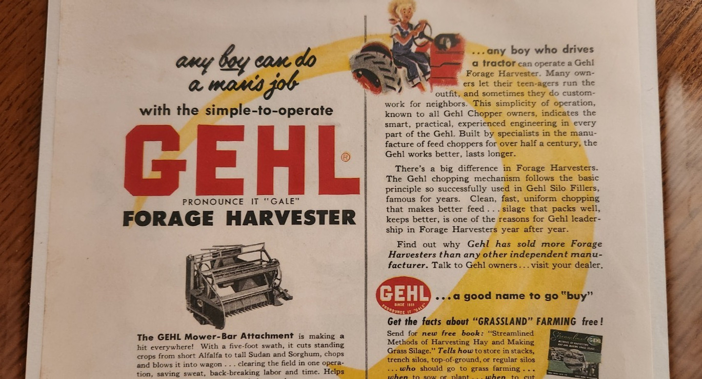 GEHL farm forage harvester 1953 Original Vintage print ad